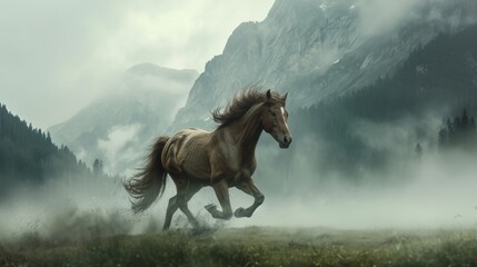 Majestic Horse Running Through a Field With Backdrop of Mountains