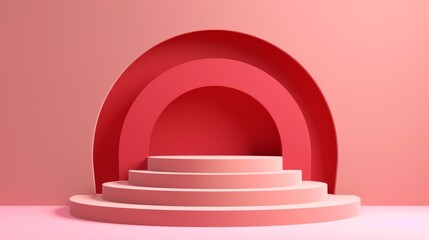Modern Minimalist Red Arch Platform Display on a Pink Background