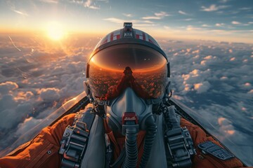 Fighter pilot's photo from the front in flight, with the sun shining on the visor and mirrors. - obrazy, fototapety, plakaty