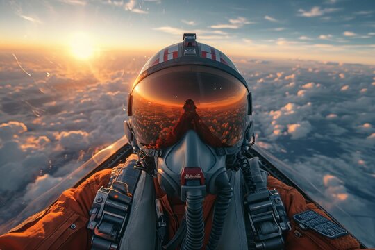 Fighter pilot's photo from the front in flight, with the sun shining on the visor and mirrors.