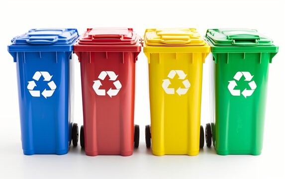 Front view of recyclable bins in 4 different colors on a white background.