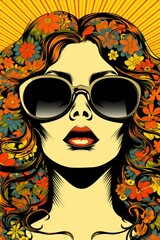 Vibrant and colorful spring poster with a cute woman character on a psychedelic background