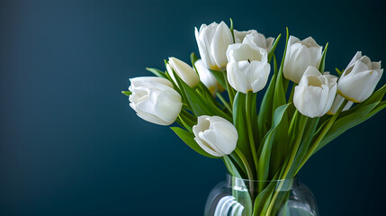Beautiful white tulips in a glass vase on a blue background
