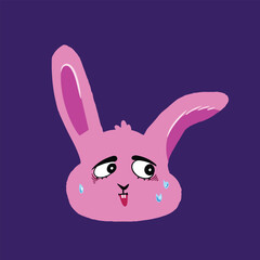 Silly funny pink cartoon bunny rabbit head or face with surprised expression vector illustration. Simple flat colorful cartoon art styled drawing.