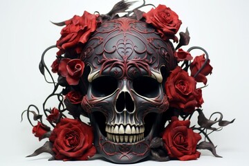 Monochrome skull adorned with crimson roses. Generative AI
