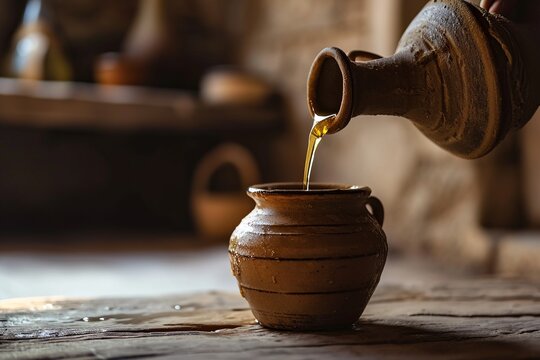 Witness the timeless art of olive oil production as the golden elixir flows gracefully into a meticulously crafted clay jug, capturing the essence of Mediterranean tradition and culinary excellence.