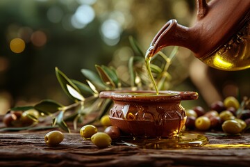 Witness the timeless art of olive oil production as the golden elixir flows gracefully into a meticulously crafted clay jug, capturing the essence of Mediterranean tradition and culinary excellence. - obrazy, fototapety, plakaty