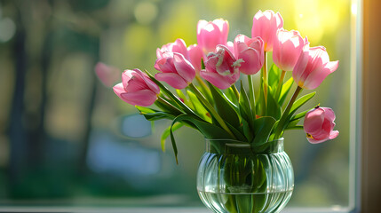 Beautiful pink tulips in a glass vase on a green background