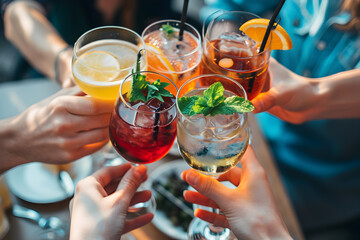 Summer concept - young people toasting with different cockatils in open cafe - Powered by Adobe