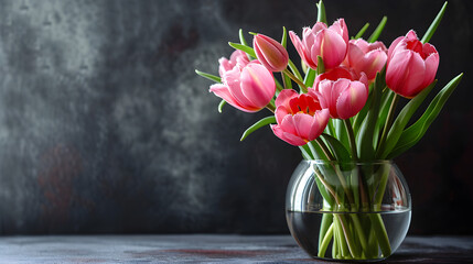 Beautiful pink tulips in a glass vase on a dark background