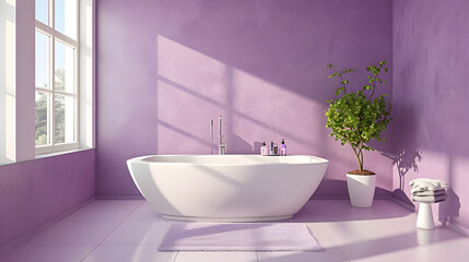 Luxurious beautiful bathroom in lilac color and plant