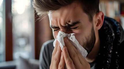 Young man sneezes from allergies into a handkerchief - obrazy, fototapety, plakaty