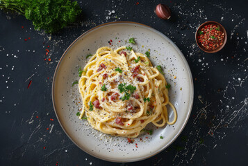 Top view carbonara on a plate, with pepper, garlic, and parsley on the side