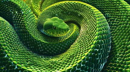 Green Snake Curled Up in a Spiral