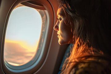 Fototapeta na wymiar A Young Woman Marveling at the View from the Plane's Window