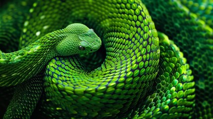 Obraz premium Green Snake Curled Up in the Middle of Its Body