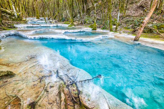 Scenic view of pristine blue waters of Huveaune river in south of France near Marseilles during spring time 
