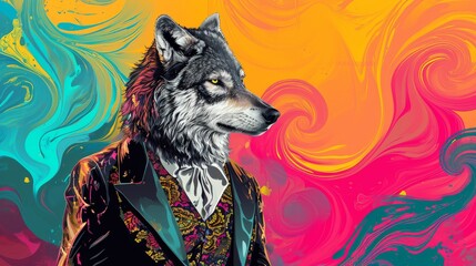 Wolf in Suit and Tie Standing Against Colorful Background