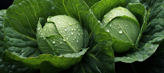 Fototapeta premium Glistening water drops on fresh cabbage vegetables in a captivating close up macro detail for banner
