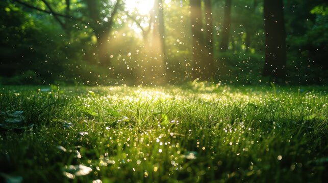 Fototapeta Lush green grass on meadow with drops of water dew in shining light. Generative AI