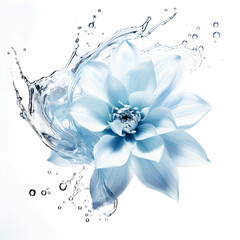 Abstract illustration of water splash with blue flower bud on white isolated background. Generative ai.