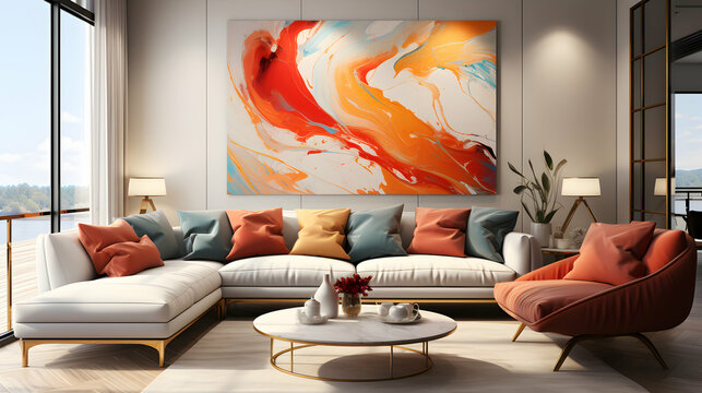 Spacious large living room with a large mockup frame on the wall. Modern design with large French windows. Sofa with colorful pillows. Generative ai.