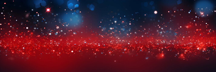 Abstract red background with floating particles, glowing backdrop. Glitter blinking sparks, Christmas and New Year floating glittering stars on azure, bokeh backdrop, magic dust, generative ai - obrazy, fototapety, plakaty