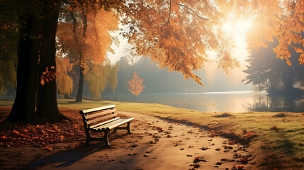 Beautiful autumn scenery in park, sunrise light, seasonal background, generative ai