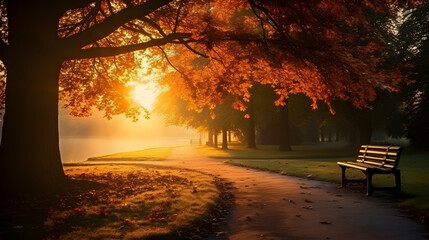 Beautiful autumn scenery in park, sunrise light, seasonal background, generative ai