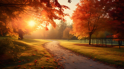 Naklejka na ściany i meble Beautiful autumn scenery in park, sunrise light, seasonal background, generative ai