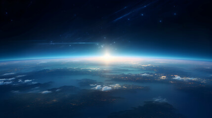 Fototapeta premium Blue sunrise, view of earth from space, generative ai