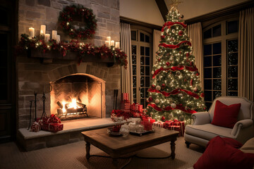 Fototapeta na wymiar Christmas living room interior with fireplace, armchair and christmas tree