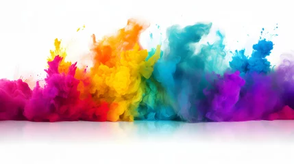 Foto op Canvas  Colorful rainbow holi paint color powder explosion isolated on white wide panorama background, generative ai © pawczar
