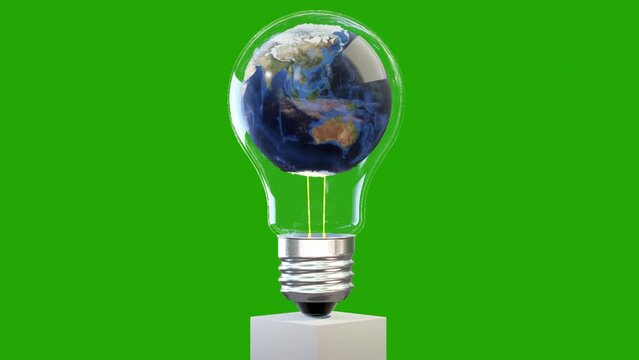 Earth planet revolving inside of a classic lightbulb, loop, Green Screen Chromakey 
