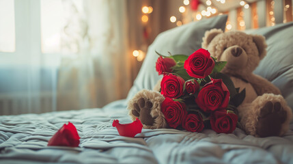 valentines bear with roses on a bed