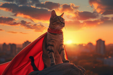 Superhero cat with red cape poised heroically against a dramatic sunset cityscape