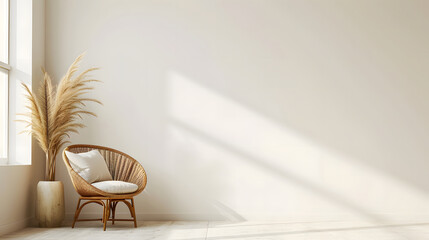 Interior room setting with an empty beige wall for mockups. Cozy brown wicker chair sits beside a potted plant. Natural daylight filters in through a window, casting shadows, copy space. - obrazy, fototapety, plakaty
