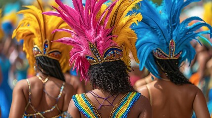 Back of frevo dancers at the street carnival in Recife, Pernambuco, Brazil. Festival. - obrazy, fototapety, plakaty
