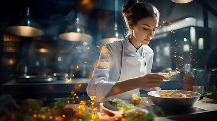 Young female chef of restaurant. Portrait of woman cooking delicious food. Generative ai. - obrazy, fototapety, plakaty