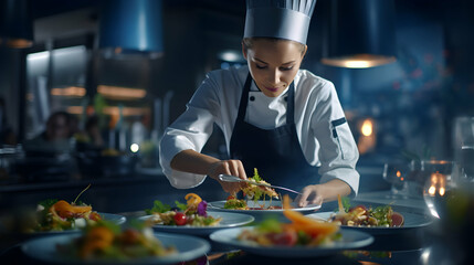 Young female chef of restaurant. Portrait of woman cooking delicious food. Generative ai.