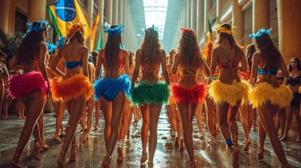 Rear view of beautiful young women in brazilian carnival costumes dancing in the rain. - obrazy, fototapety, plakaty
