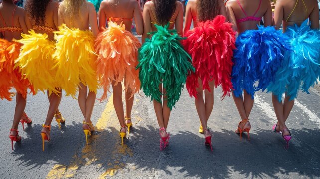 Brazilian Carnival. Group of friends celebrating carnival party, back of women legs.