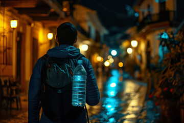 Man with backpack walking at night holding reusable water bottle. 