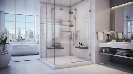 Exclusive modern white bathroom with glass shower, real estate brochure, generative ai