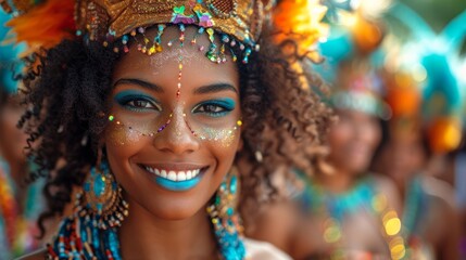 Portrait of beautiful afro american woman with blue lips in carnival costume - obrazy, fototapety, plakaty