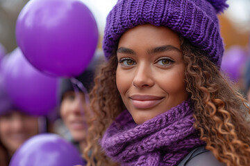 Smiling woman with purple winter accessories. Purple day concept. -