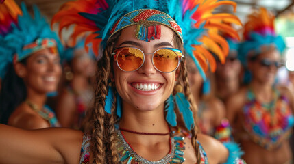 Portrait of a beautiful hipster woman in a colorful headdress and sunglasses at carnival. - obrazy, fototapety, plakaty