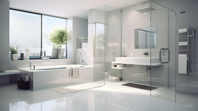 Exclusive modern white bathroom with glass shower, real estate brochure, generative ai