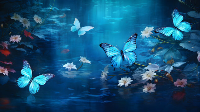 Fairy blue butterflies above water. Magic wallpaper, generative ai.