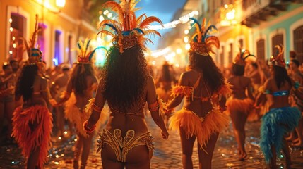 Rear view of a group of brazilian dancers performing at a carnaval parade in the city of Salvador. - obrazy, fototapety, plakaty